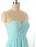 A-line Sheer V Neckline Blue Chiffon Ruched Beaed Bridesmaid Dress